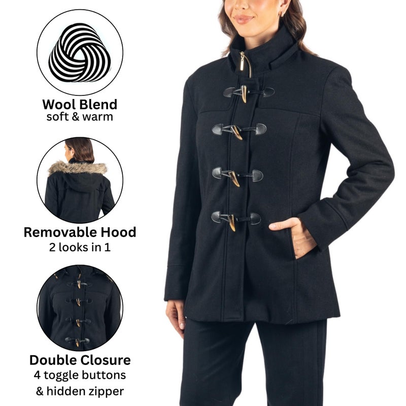 Alpine Swiss Duffy Womens Wool Blend Toggle Coat Removable Faux Fur Hood Classic Duffle Overcoat Warm Winter Jacket BLK L - Image 3
